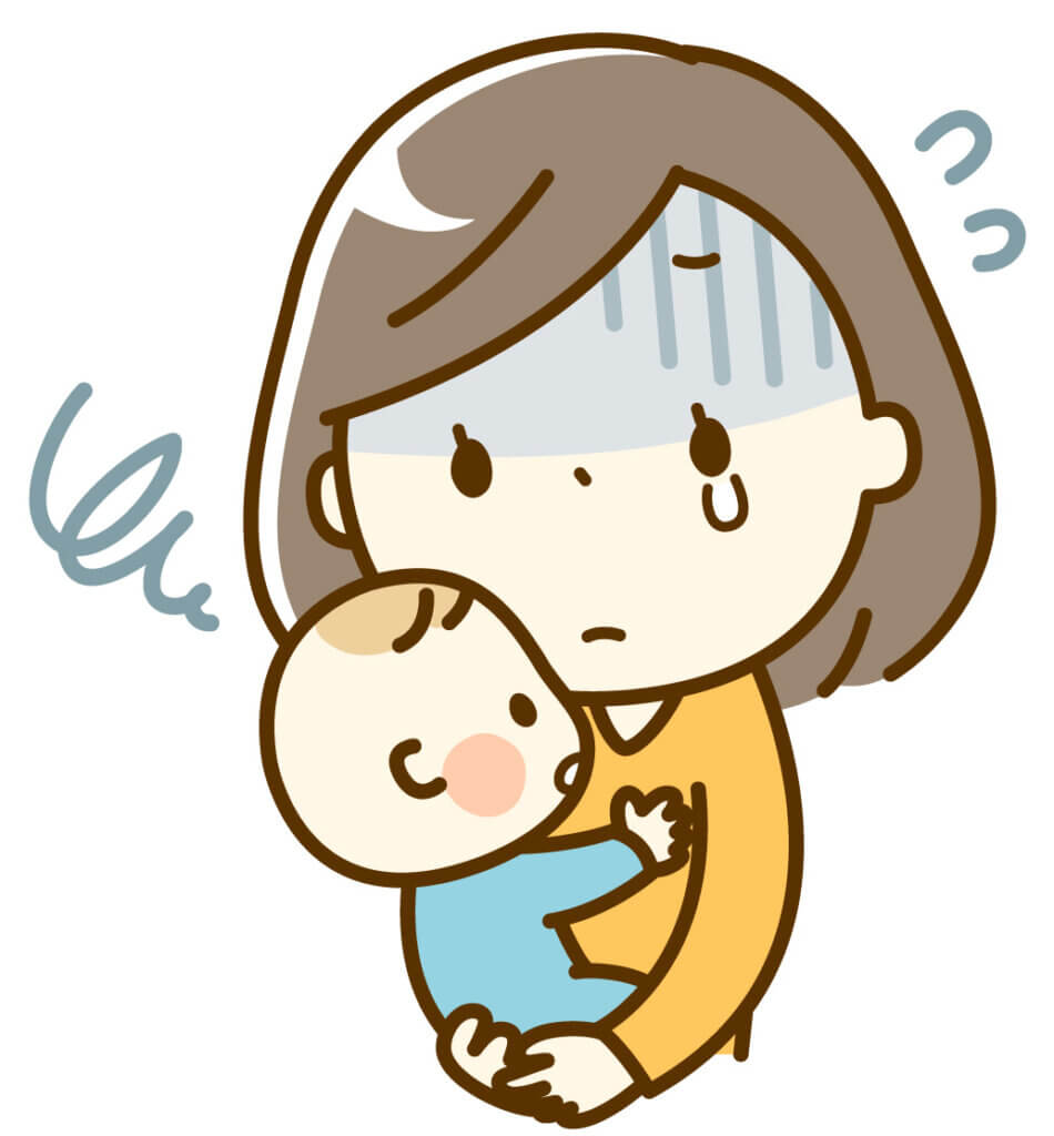 赤ちゃんを抱いて困っている女性