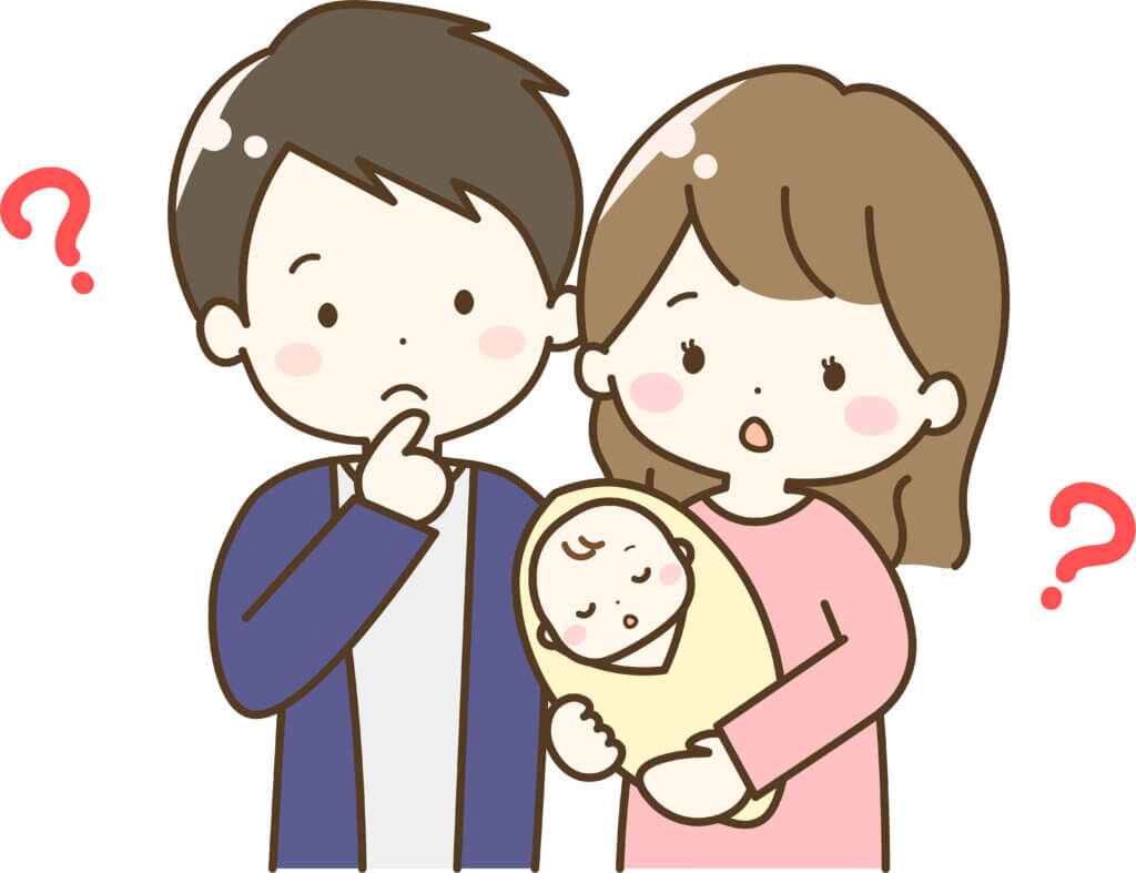 赤ちゃんを抱く夫妻。疑問を持っている