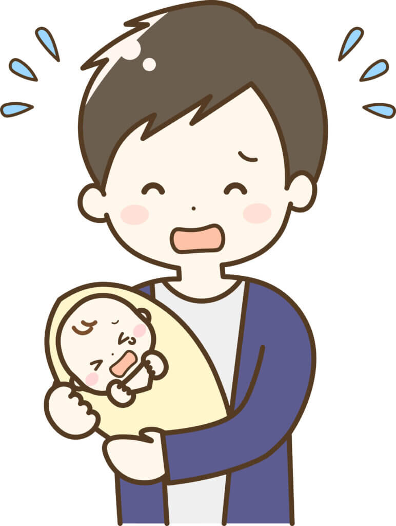 泣いている赤ちゃんを抱く困っている父親