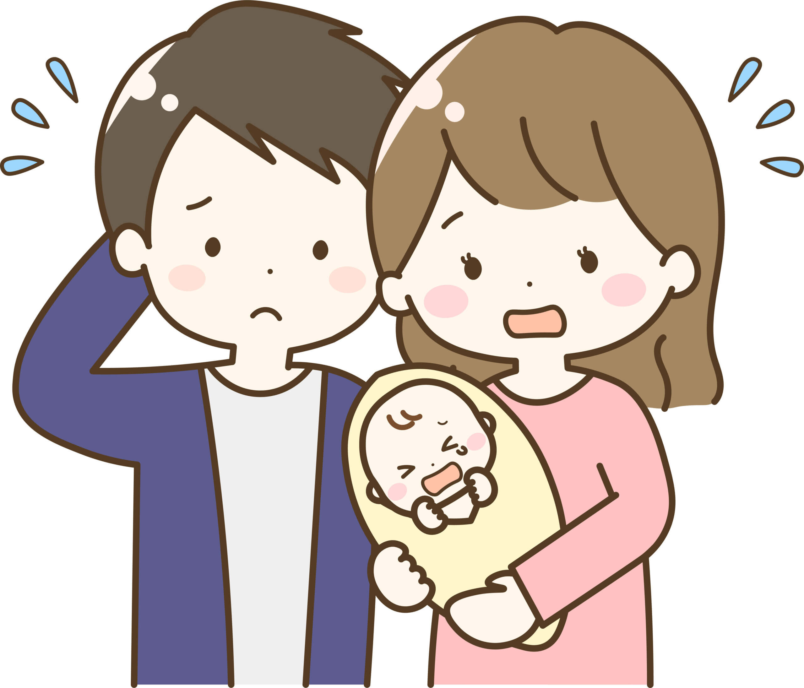 泣いている赤ちゃんを抱く困っている両親